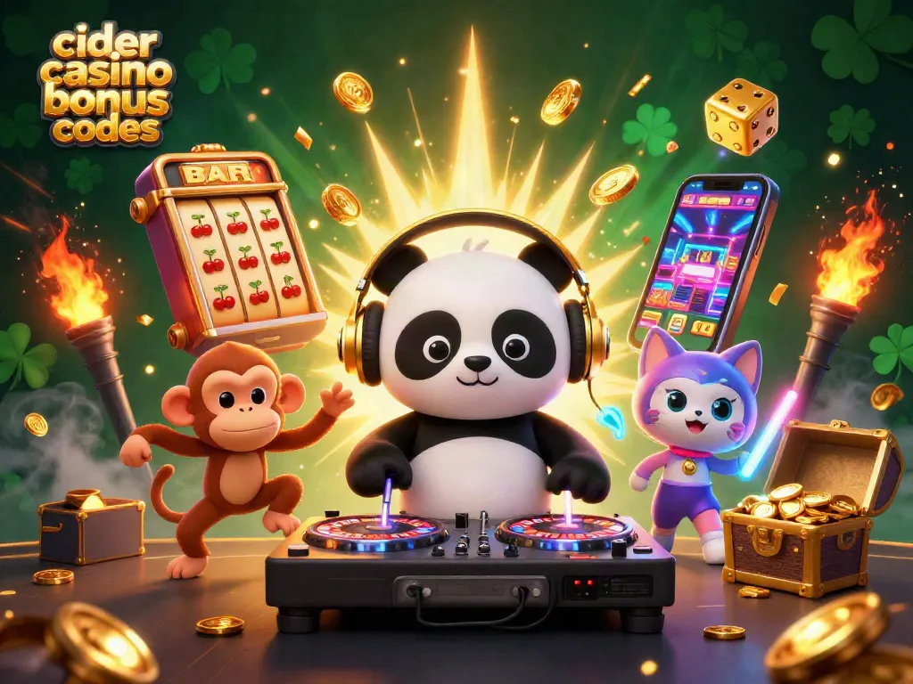 Engage with cider casino bonus codes while enjoying a vibrant 3D scene of DJ panda and friends in a fun gambling atmosphere.