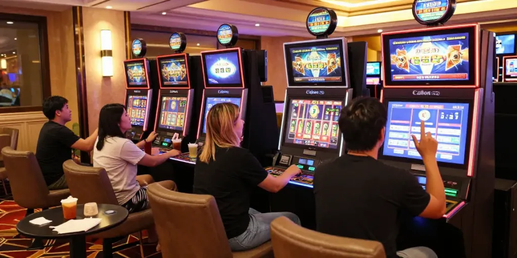 Luxury12 players enjoying exciting slot games in a cozy casino lounge.