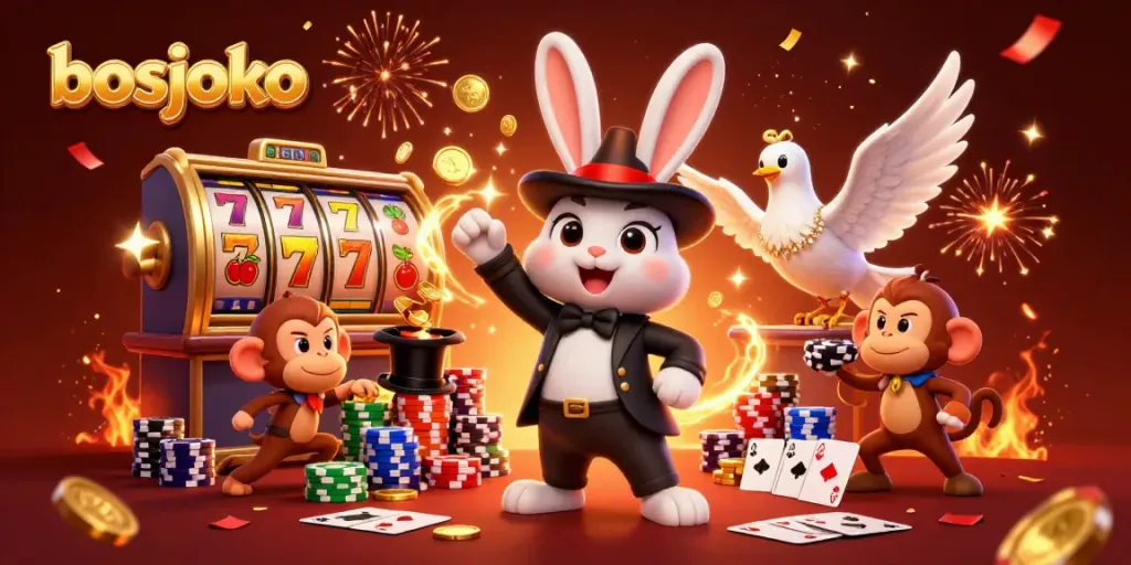 Experience the excitement at bosjoko with a lively illustration of a magician rabbit, dove, and monkey amidst slot reels.