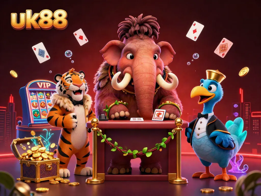 uk88 showcases a glamorous casino scene with dynamic characters engaging in gaming excitement.