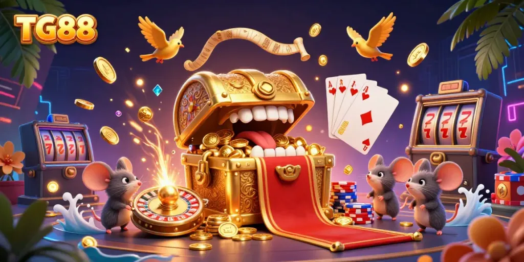 Engage with TG88's vibrant casino adventure featuring a treasure chest enticing players with riches.
