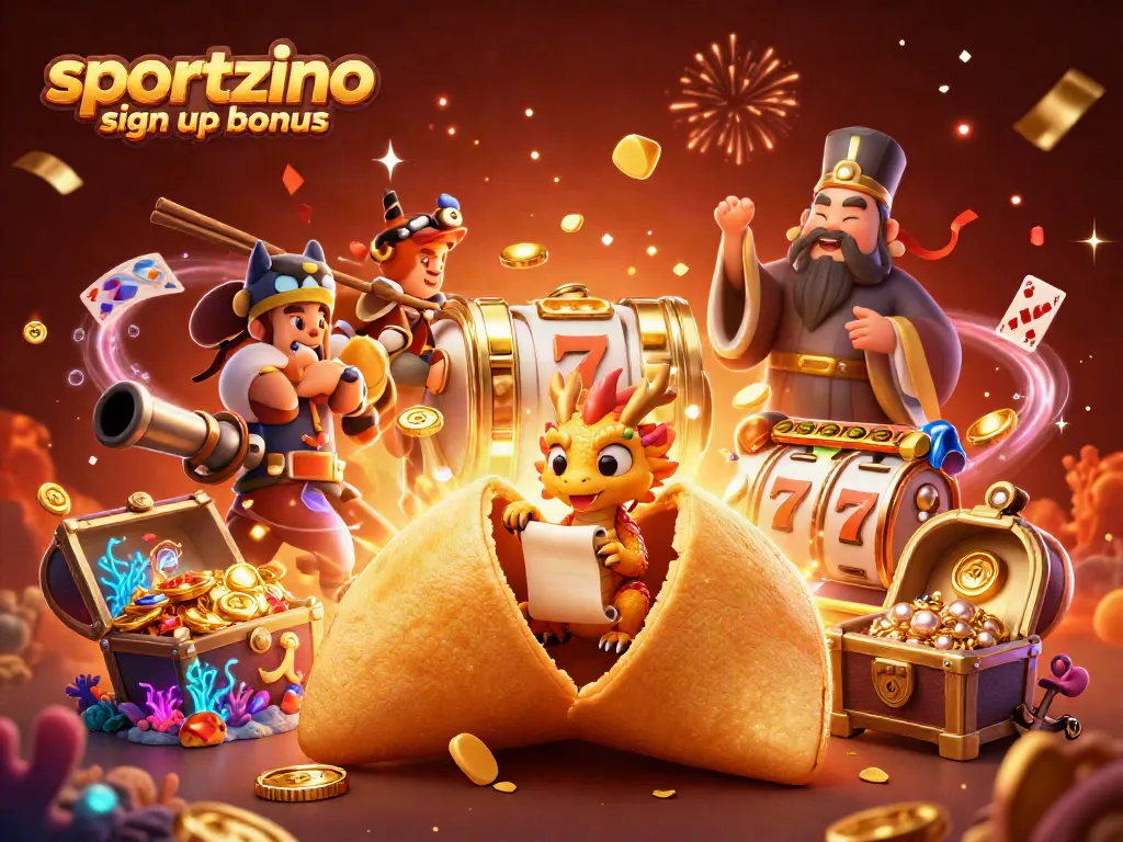 Unlock exciting rewards with the sportzino sign up bonus featuring vibrant casino elements and characters.