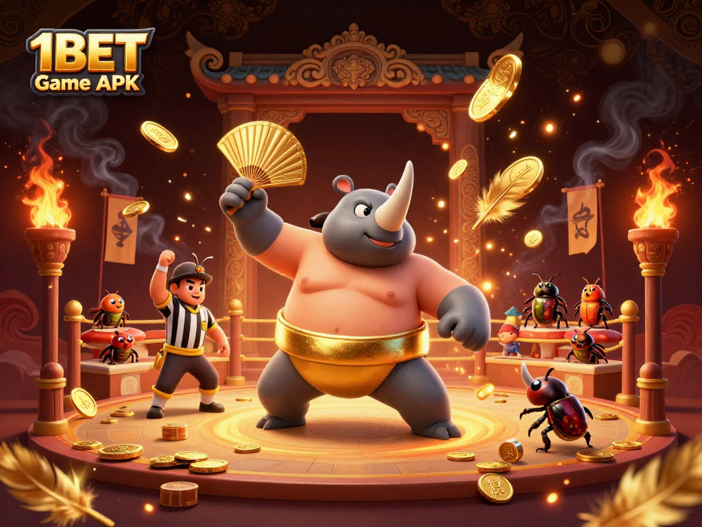 Experience epic wins with 1BET Game APK in this lively casino arena illustration.