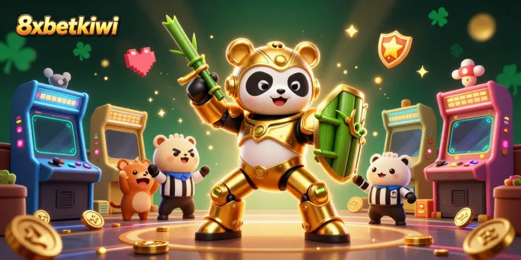 Experience thrilling gaming at 8xbetkiwi with colorful arcade machines and dynamic characters.