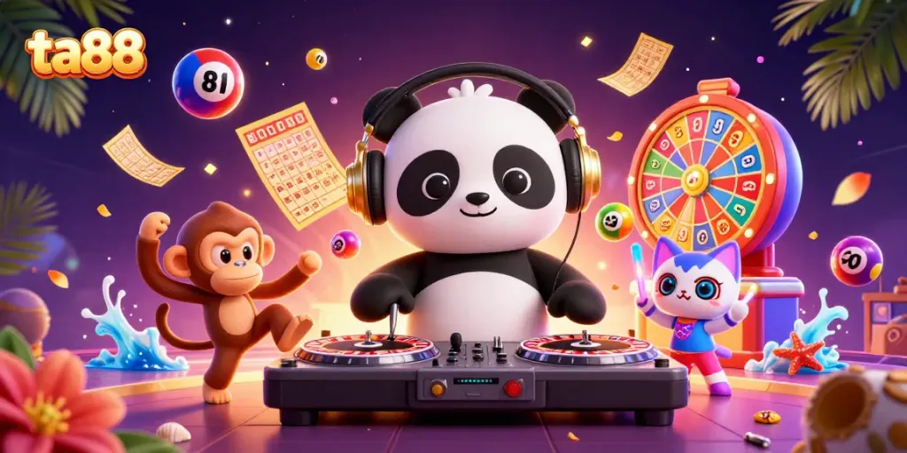 Engage in thrilling gaming action with ta88's lively 3D casino scene featuring colorful characters and dynamic gaming elements.