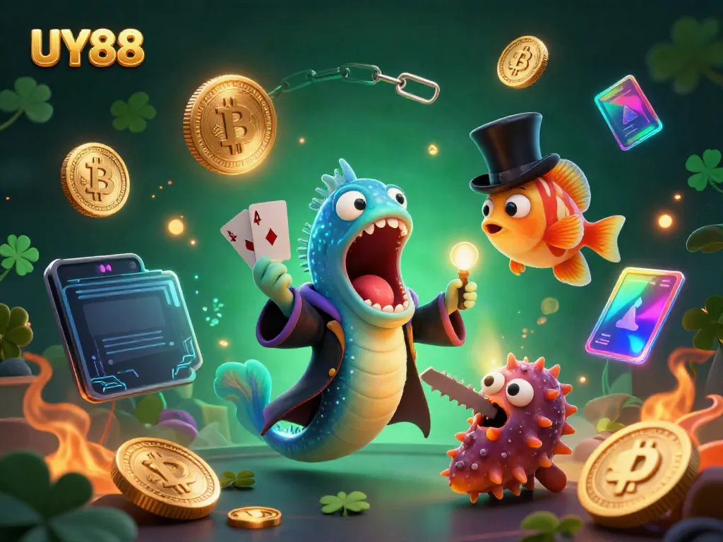 Engage in thrilling card tricks with UY88's magical underwater characters in a vibrant casino setting.