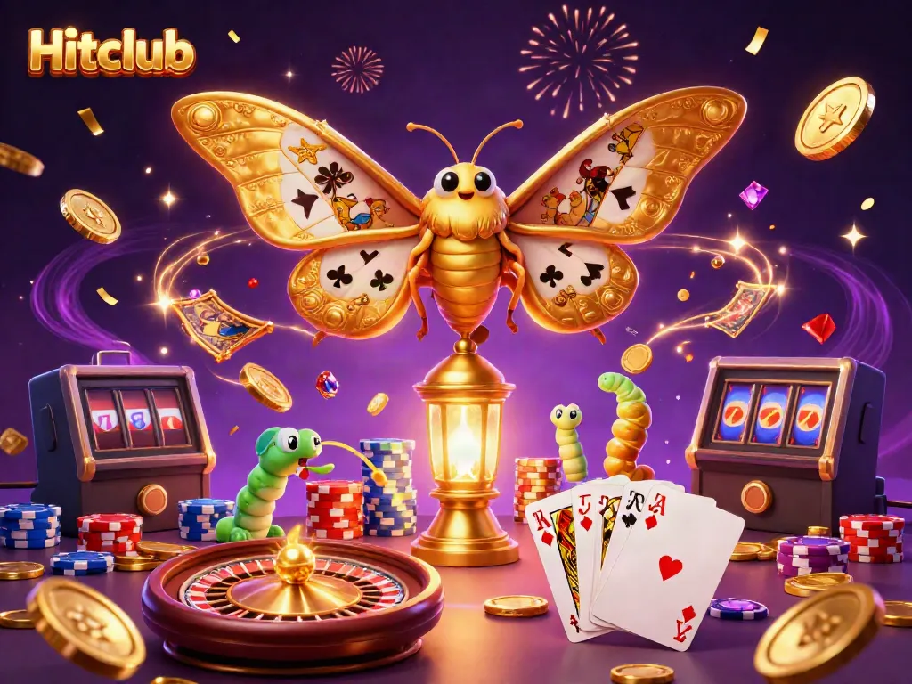 Hitclub brings excitement to life with a vibrant casino scene, featuring a majestic moth and casino game elements.