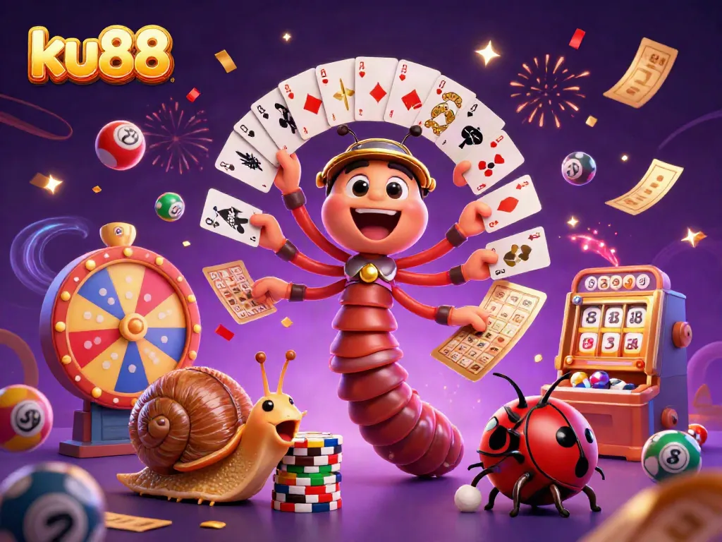 Experience excitement at ku88 with a dynamic casino scene featuring a millipede dealer and lively characters.