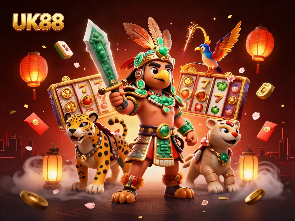 Experience UK88's thrilling slot games with vibrant Aztec warriors and dynamic casino elements.