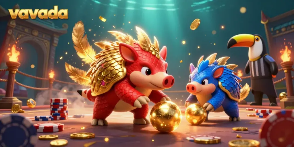 Engaging illustration of vavada's cartoon pangolins competing in a vibrant casino arena filled with golden gaming elements.