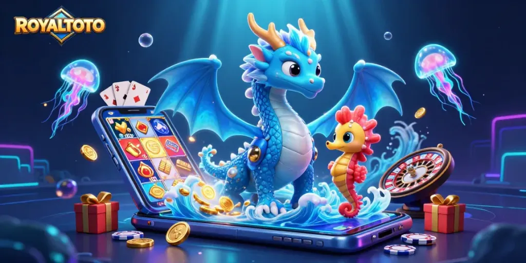 Play thrilling games at ROYALTOTO with an azure water dragon and glowing jellyfish in vibrant action.