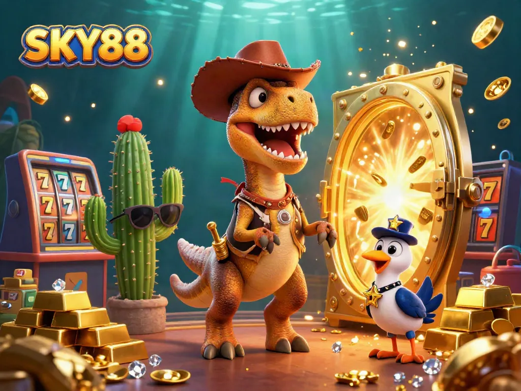 SKY88 showcases a thrilling casino adventure with vibrant characters and dynamic slot elements.