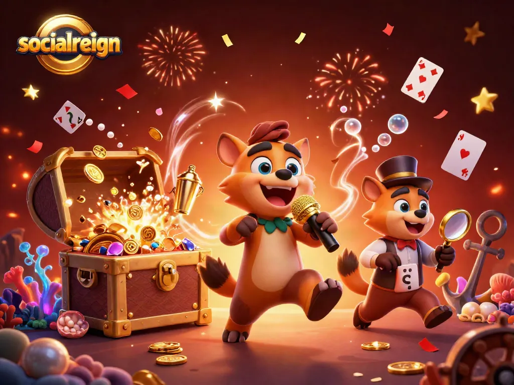 Engage in thrilling casino fun with socialreign's lively hyena-themed illustration featuring comedy, drinks, and games.