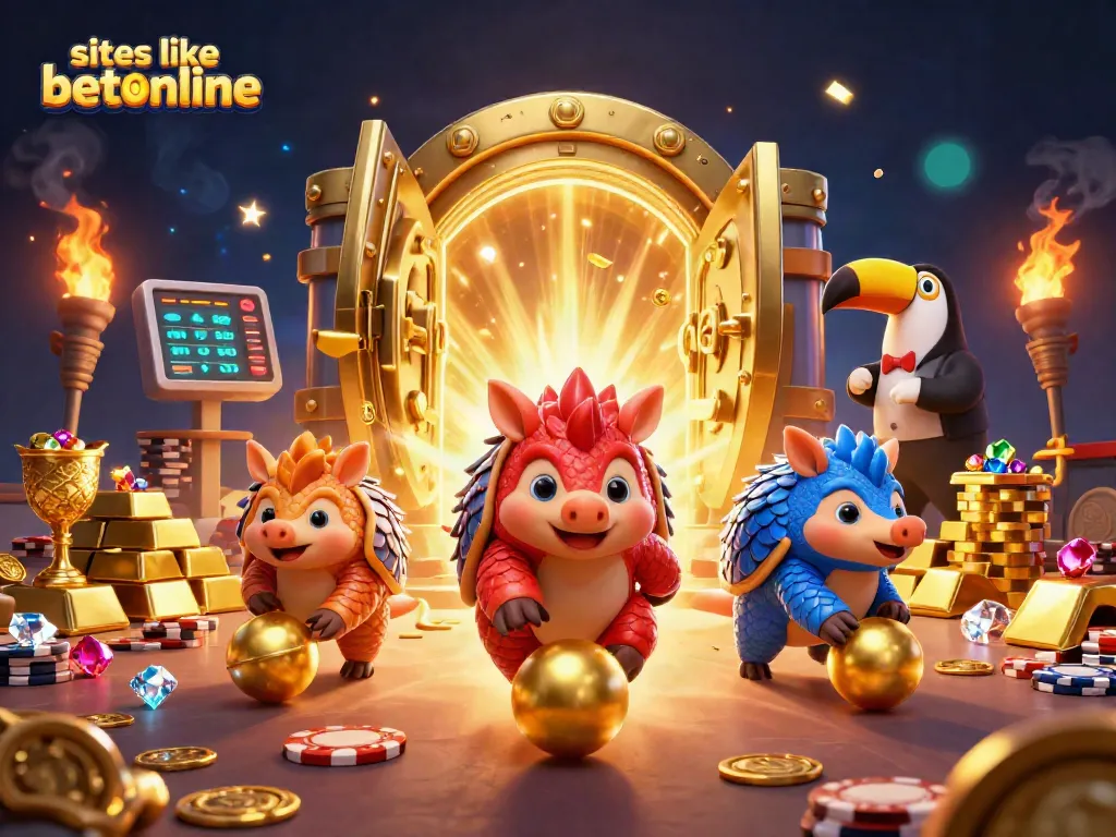 Engage with sites like betonline featuring rivals bowling through poker chips in a vibrant casino scene.
