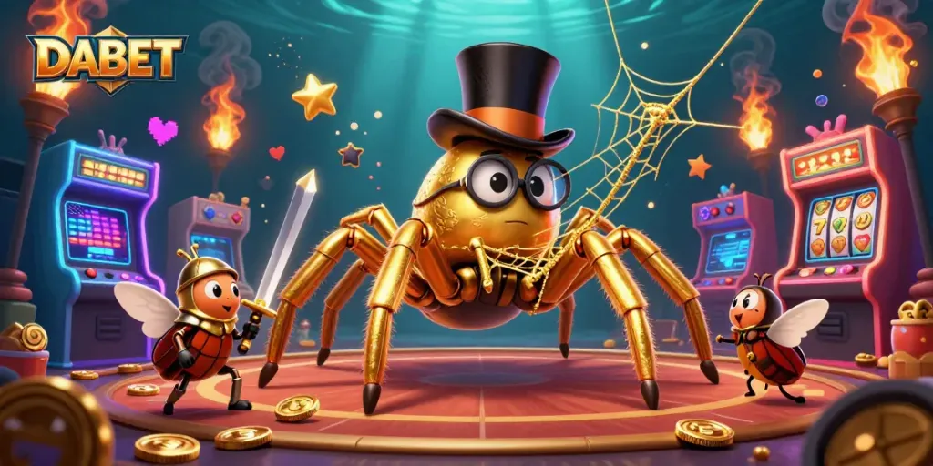 DABET engages players with a vibrant casino scene showcasing rich slot elements and dynamic characters.