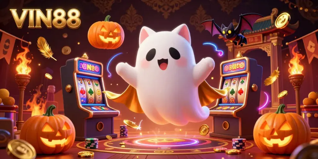 Experience VIN88's thrilling casino atmosphere with a ghost cat and vampire bat in a vibrant slot scene.