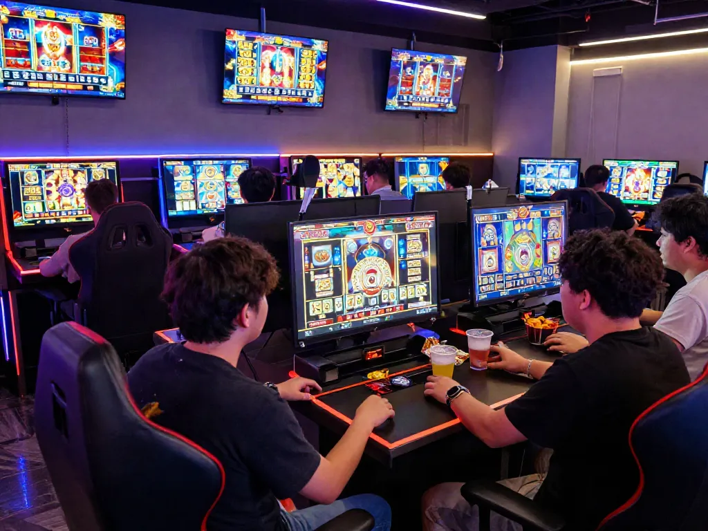 A vibrant gaming scene highlighting players immersed in akunjp online slot games, showcasing excitement and engagement.