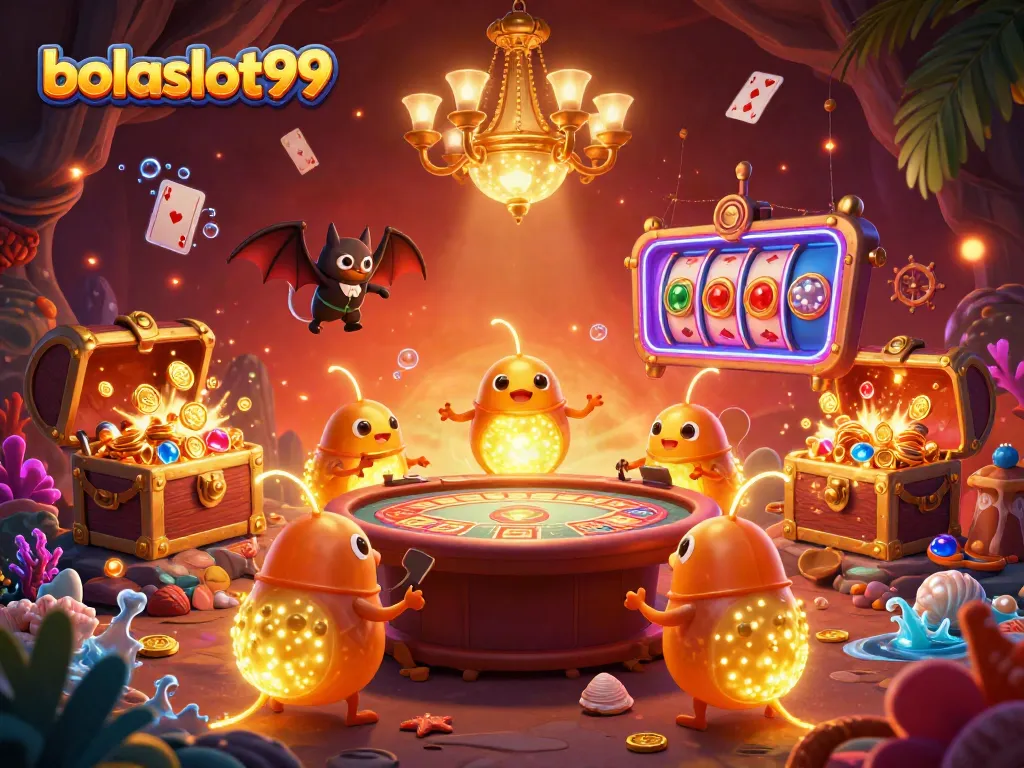 Experience thrilling gameplay with bolaslot99 in a vibrant cave casino illuminated by glowworms.