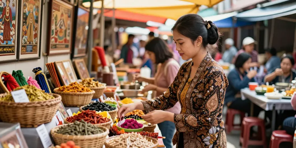 Nyonya4d market scene with vibrant Peranakan attire and traditional crafts.
