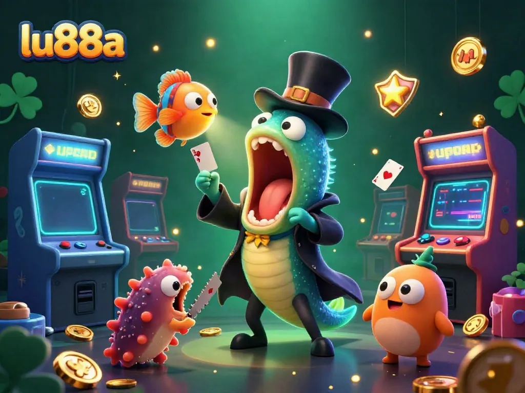 Experience the enchanting world of lu88a with a magical 3D casino scene showcasing characters performing tricks amid vibrant game elements.