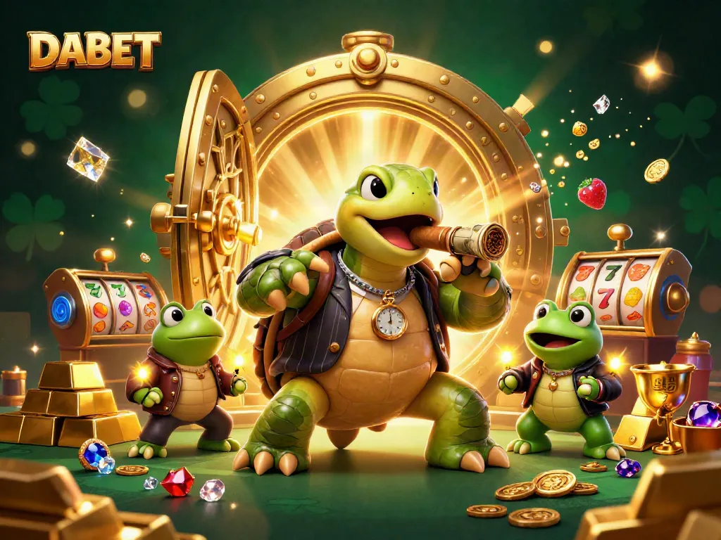 DABET brings you a thrilling casino scene with a cartoon turtle and bullfrog enforcers surrounded by riches.