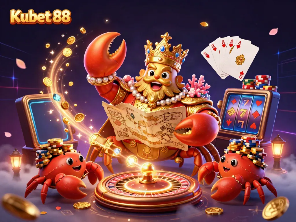 Kubet 88 themed 3D illustration of a golden crab emperor ruling a vibrant casino scene with dynamic gaming elements.