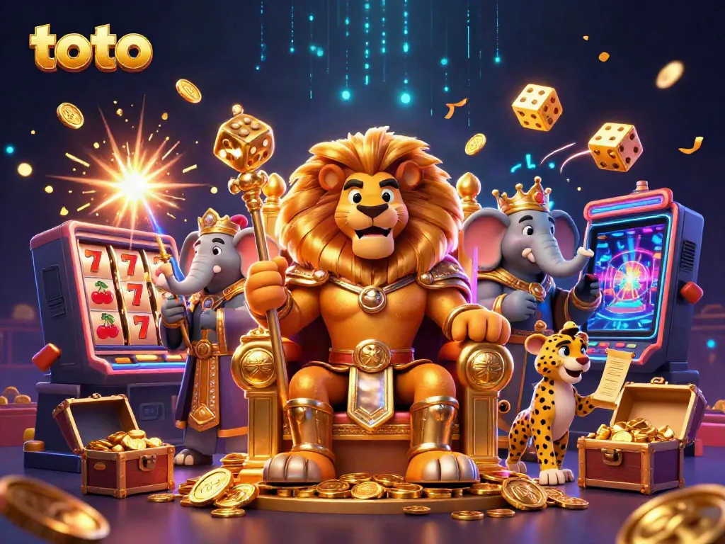 Experience thrilling toto gaming with a majestic lion king and colorful casino elements.