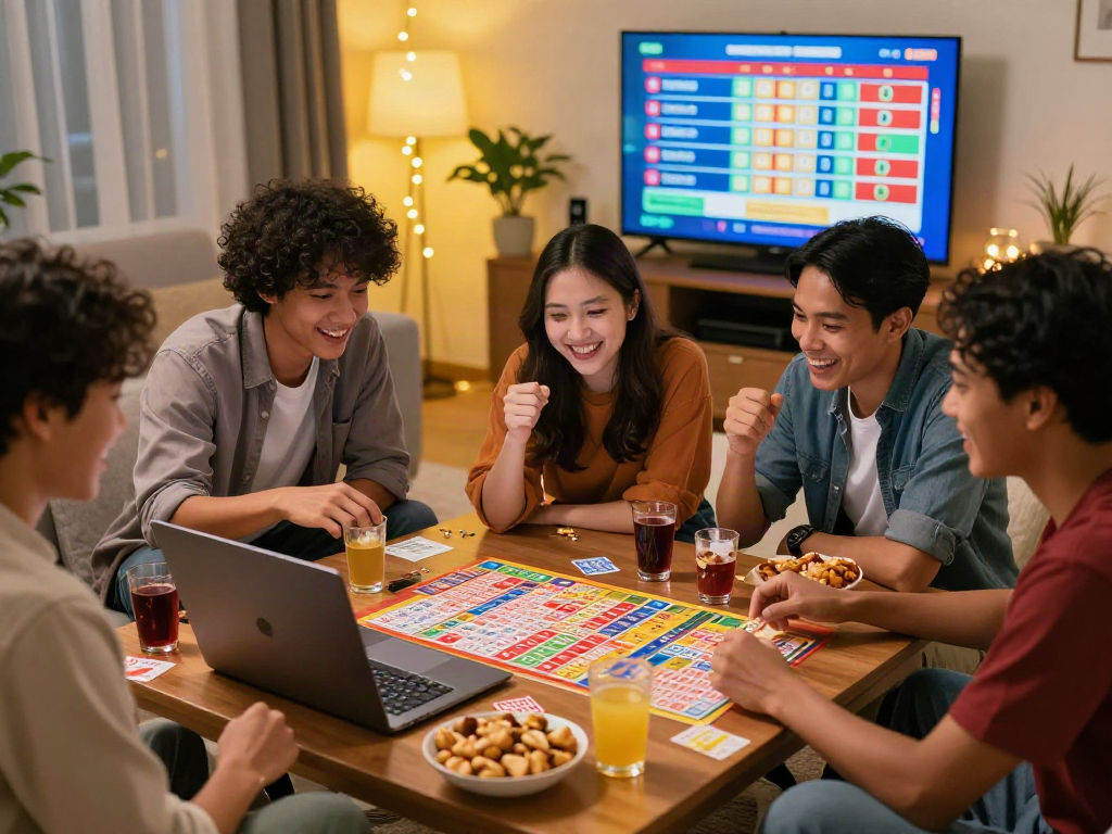 Situs togel game night with friends enjoying snacks, lottery tickets, and live results in a cozy living room.