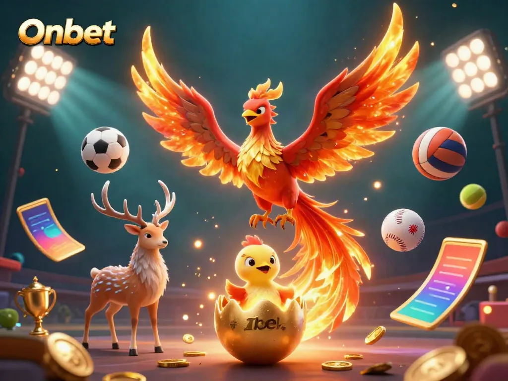 Engage with Onbet's thrilling gaming experience featuring a phoenix, baby bird, and stag amidst dynamic sports elements.