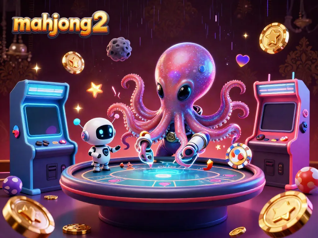 Play mahjong 2 in an exciting cosmic casino scene with alien characters and vibrant gaming elements