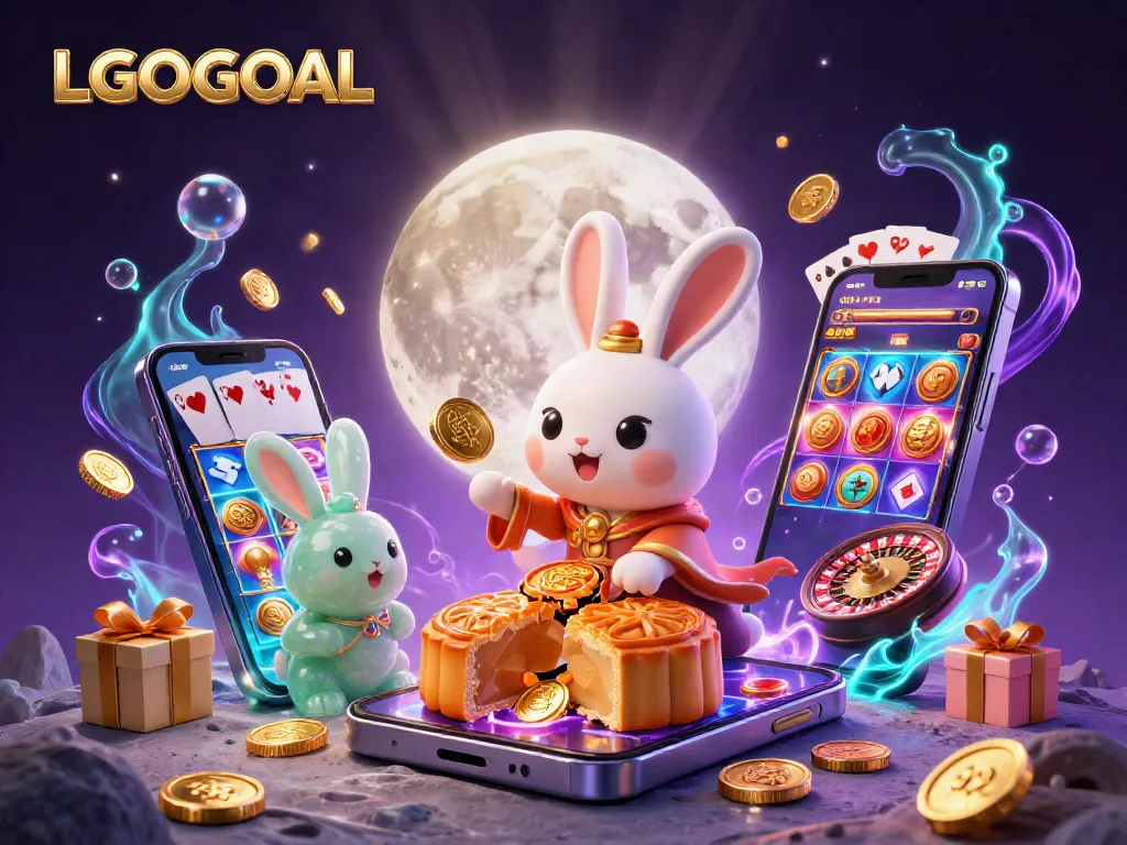 Experience LGOGOAL with engaging elements like poker chips and colorful slot games in a magical moonlit setting.
