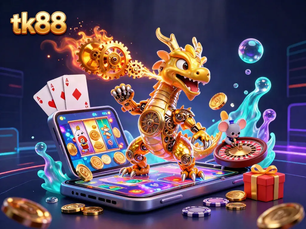 Engage with tk88's vibrant casino world featuring a golden dragon amidst slot games.