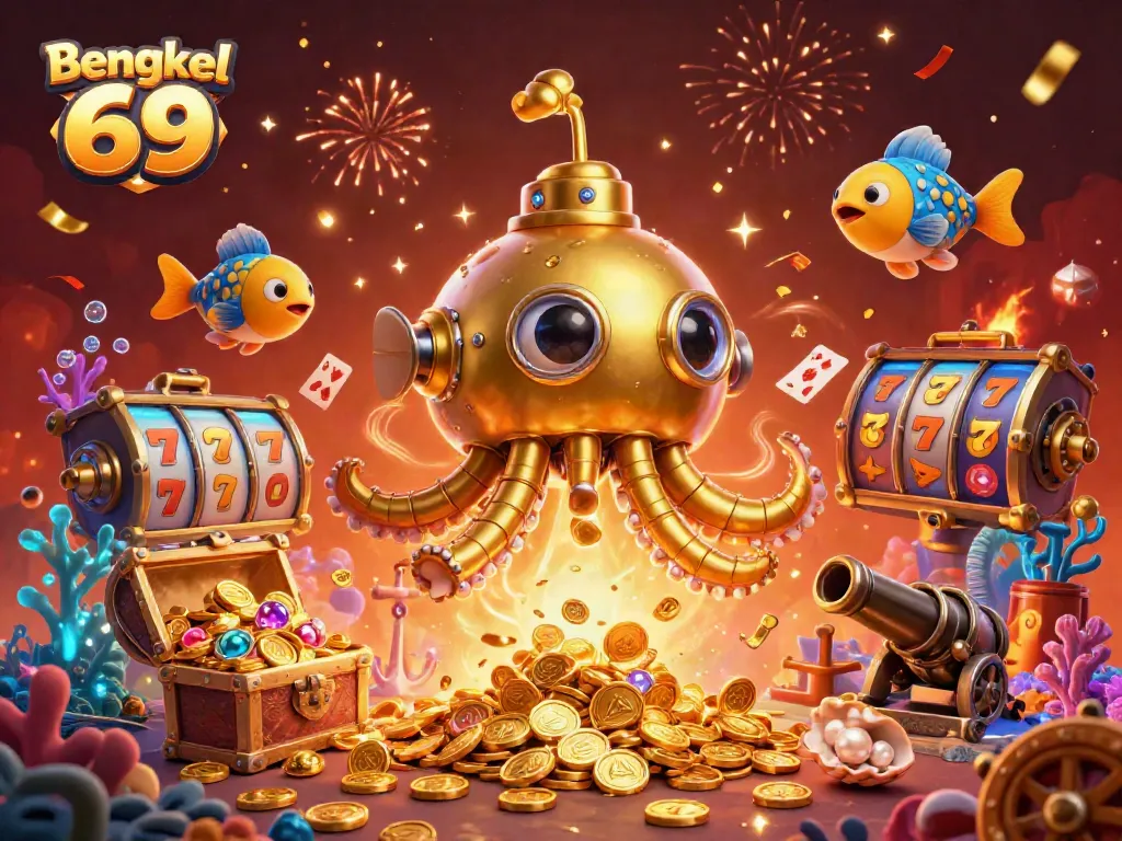 Bengkel 69 offers vibrant casino energy with a kraken submarine amidst golden coins and slot visuals.