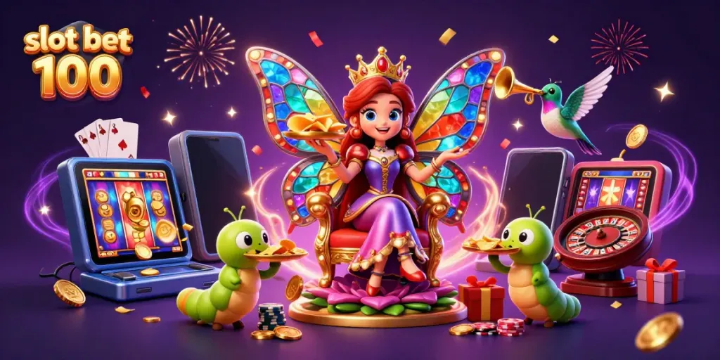 Experience the excitement of slot bet 100 with a vibrant digital casino scene featuring a butterfly queen and gaming elements.