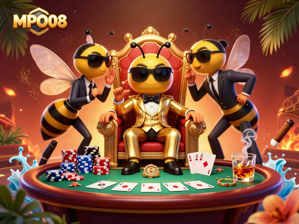 Engage with MPO08's vibrant casino scene filled with poker elements and dynamic characters.