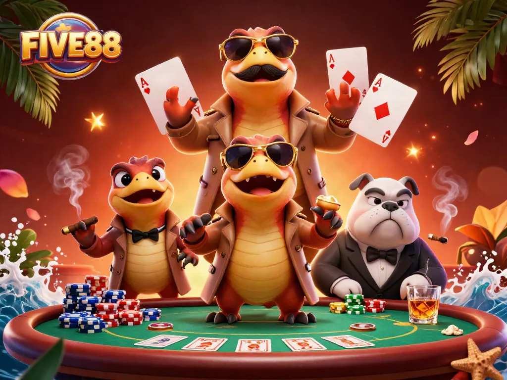 Engage with FIVE88's thrilling casino action featuring animated raptors and vibrant gaming elements.