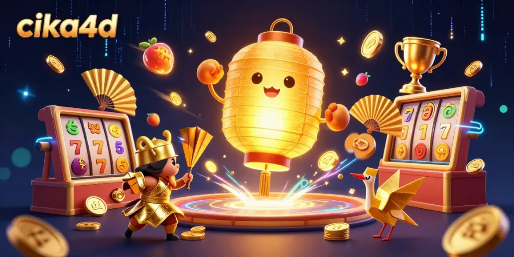 Engage with the vibrant world of cika4d featuring a radiant golden lantern spirit amidst animated slots and coins in a casino