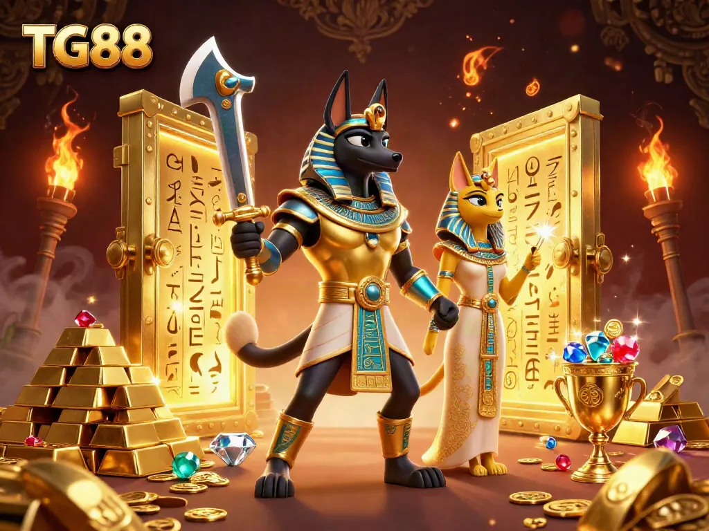 Engage with TG88 at a vibrant casino scene featuring Anubis and Bastet amidst golden treasures and vivid gambling elements.
