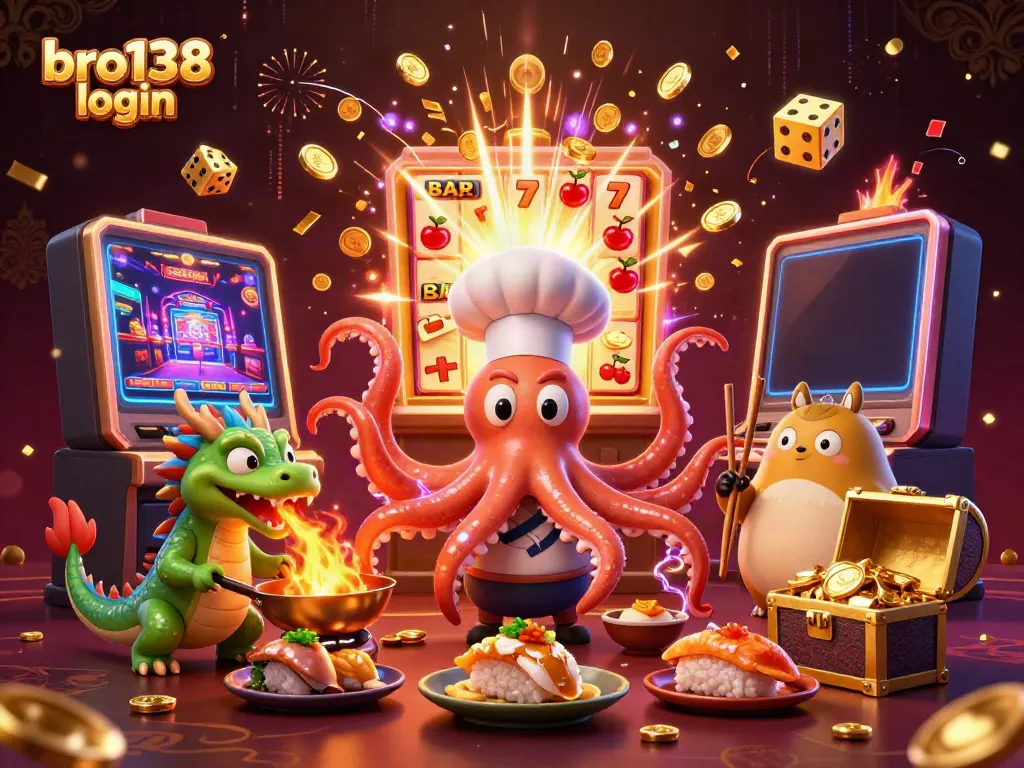 Engage in the excitement of bro138 login with vibrant gaming elements and characters in a lively casino scene.