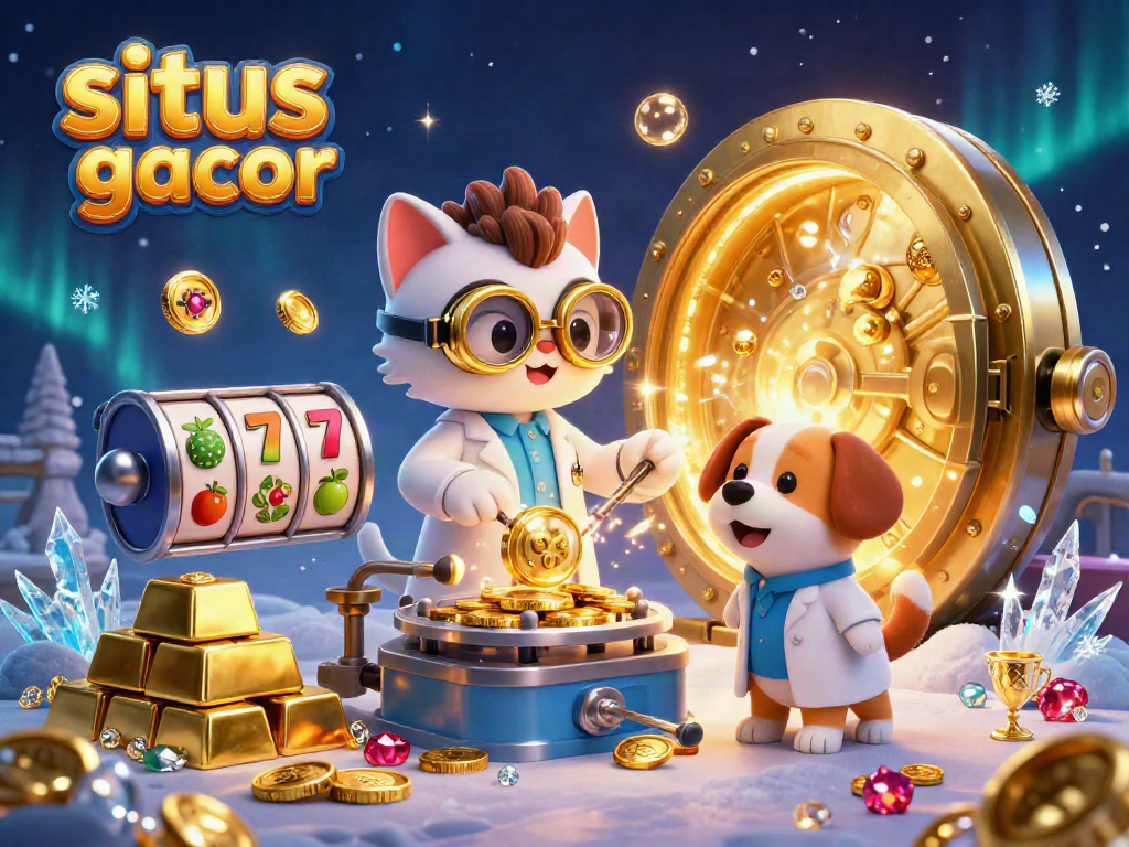 Engage with situs slot gacor in this vibrant 3D illustration featuring a mad scientist cat and loyal dog amidst gold coins and slot machines.
