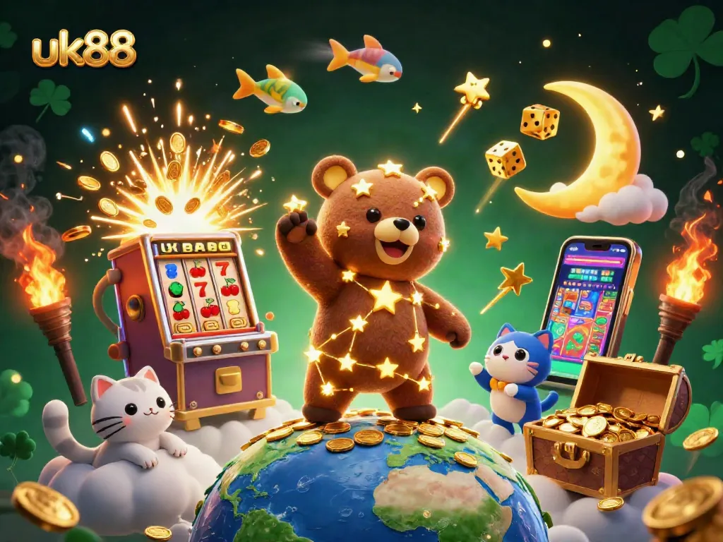 Experience winning thrills with uk88 in a vibrant 3D casino scene featuring treasure and games.