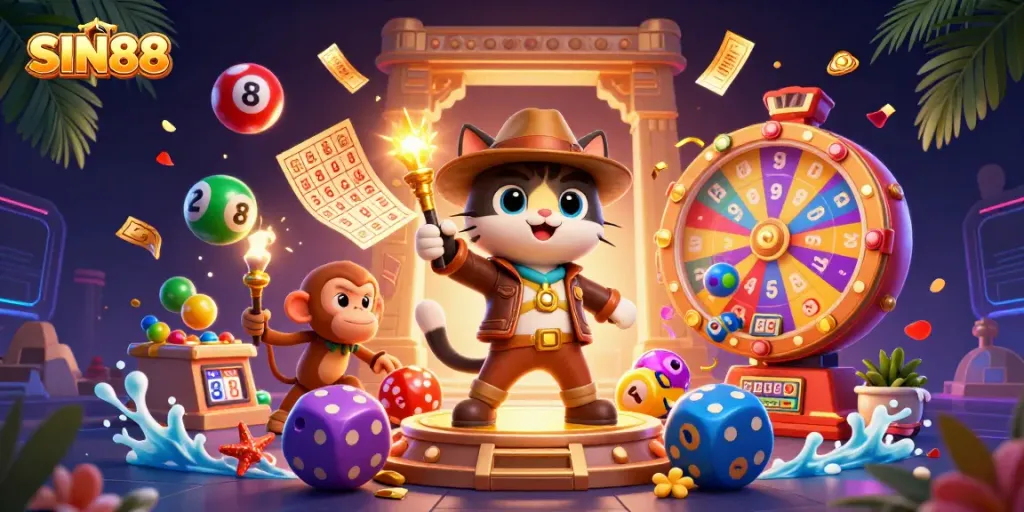 SIN88 leads the way in a dynamic casino adventure as a cat archaeologist and a torch-bearing monkey unveil treasures.
