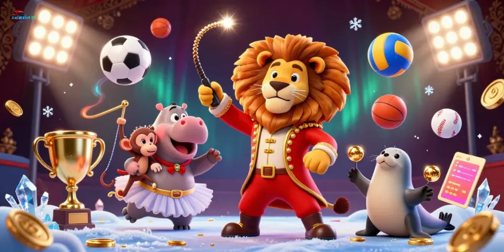 Engage with bolaslot88 as the vibrant circus scene comes alive with cartoon characters surrounded by dynamic sports elements and sparkling casino features.