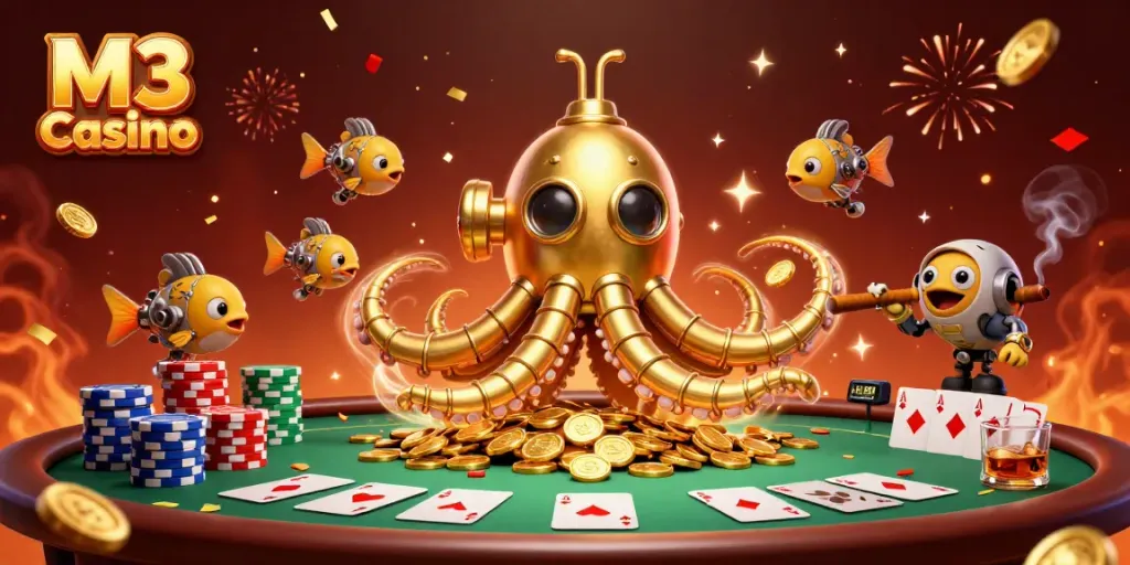 Join the excitement at M3 Casino with a vibrant scene of a golden kraken and poker elements!