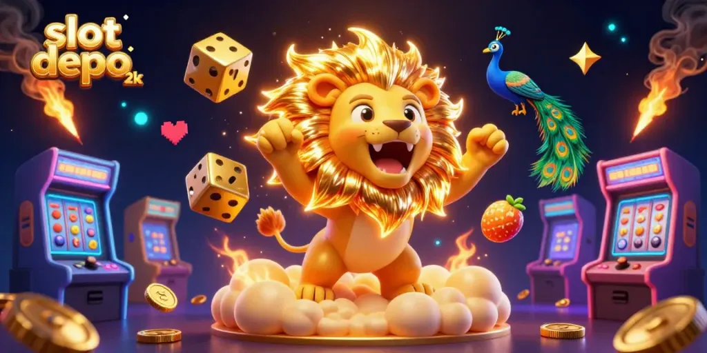 Experience the vibrant allure of slot depo 2k with a dazzling 3D casino illustration.