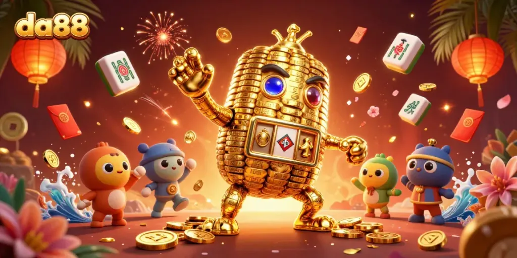 Engage with da88 to unlock dynamic casino fortune through a 3D golden golem illustration.