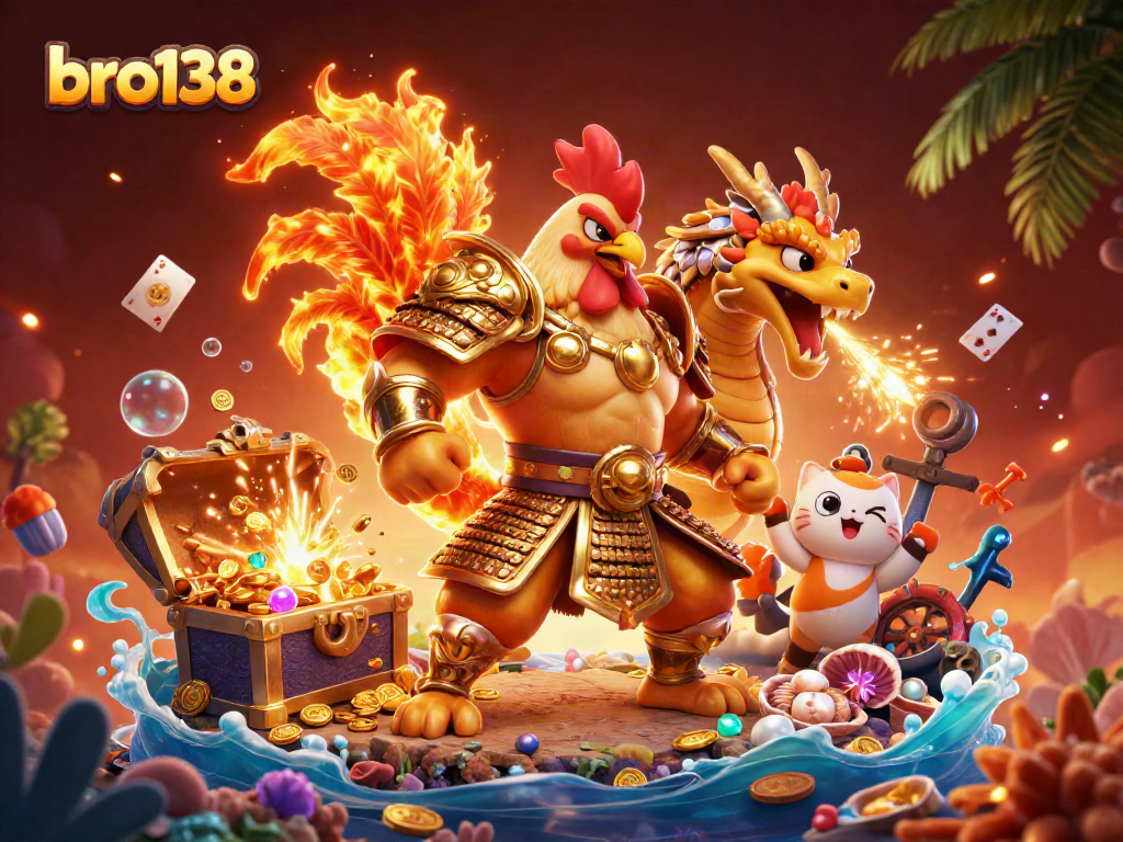 Win big with bro138: A dynamic 3D scene featuring a fighting rooster warrior and treasure elements