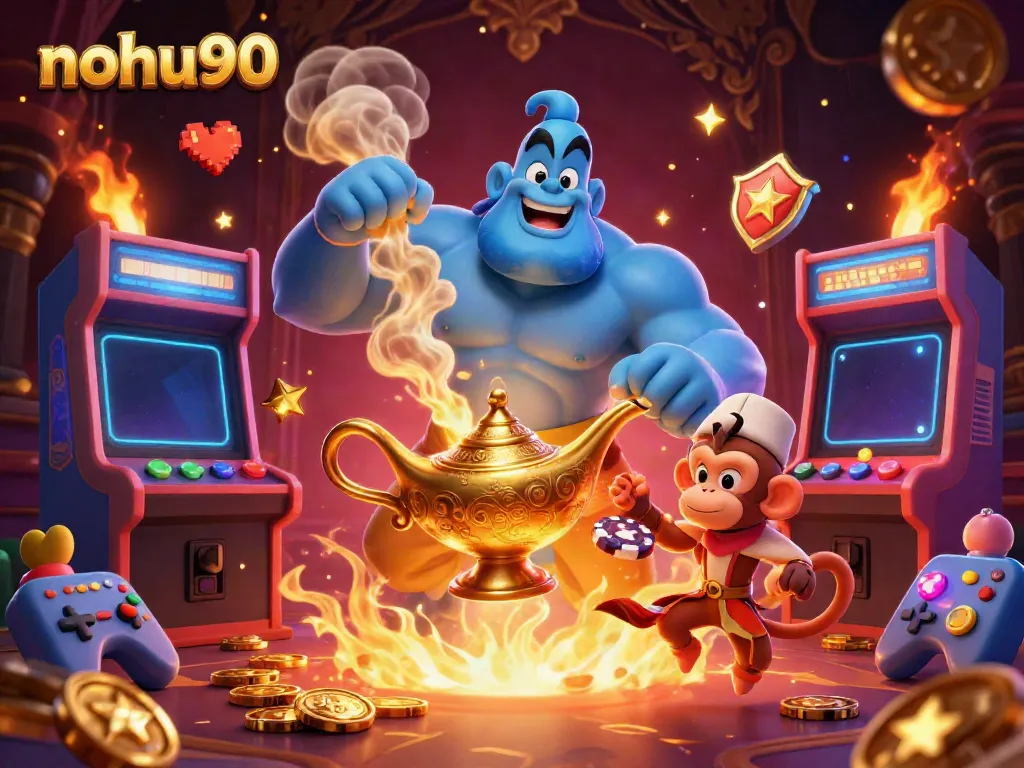 Join the vibrant nohu90 online casino adventure with a genie, monkey, and poker chips.