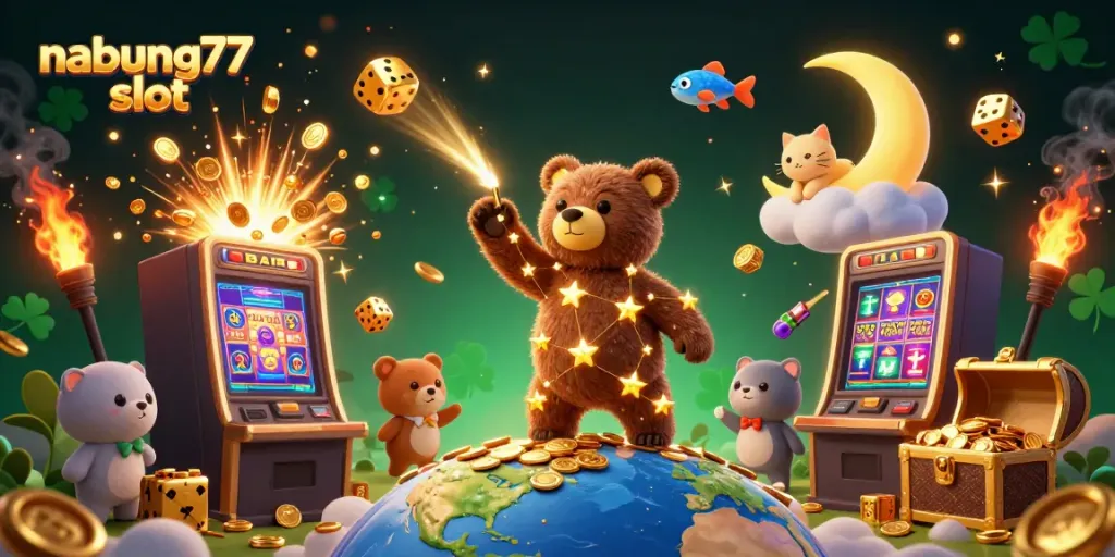 Play the exciting nabung77 slot amidst a celestial casino world filled with golden treasures and vibrant symbols.