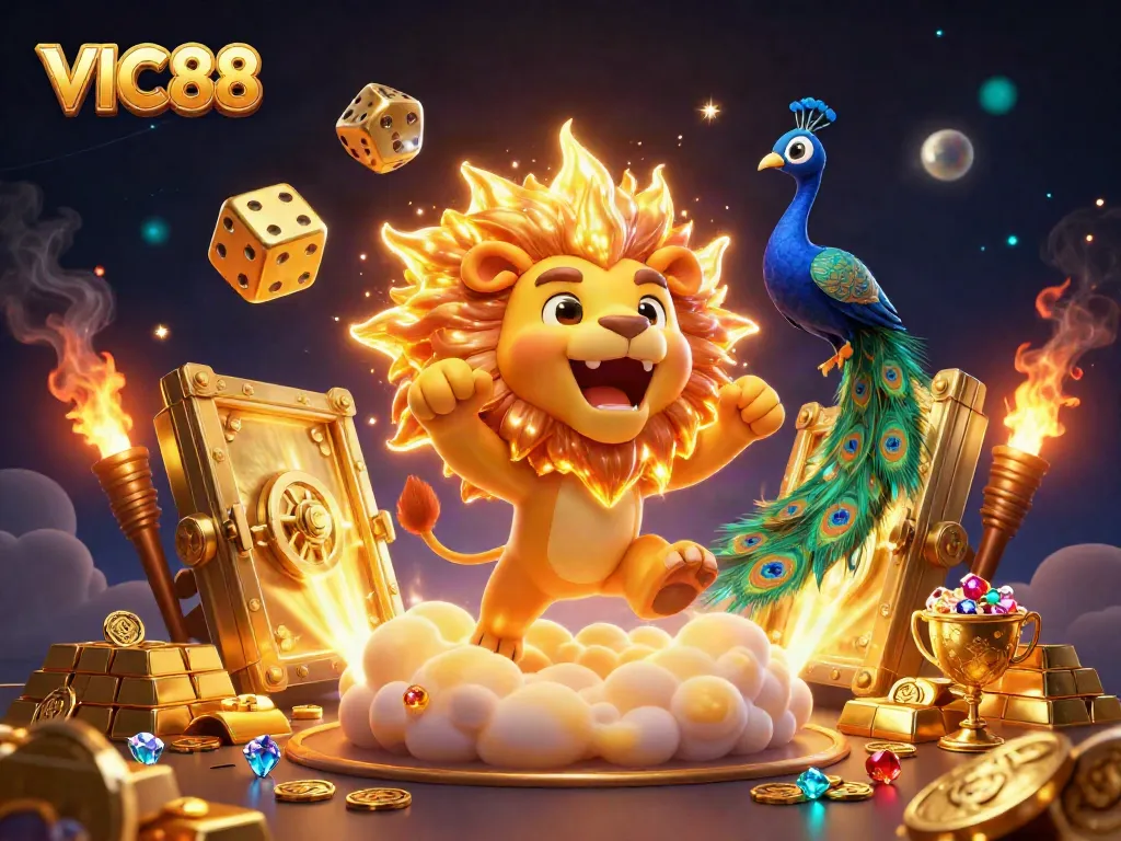 Engage with VIC88's vibrant 3D casino world showcasing golden treasures and playful characters.